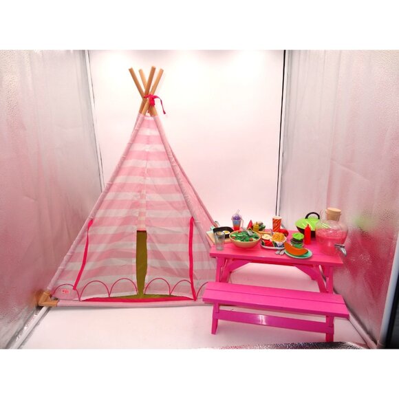 Our Generation Picnic Table Playset w/ Grill & Food and OG Teepee Tent 18  Doll - Picture 1 of 16